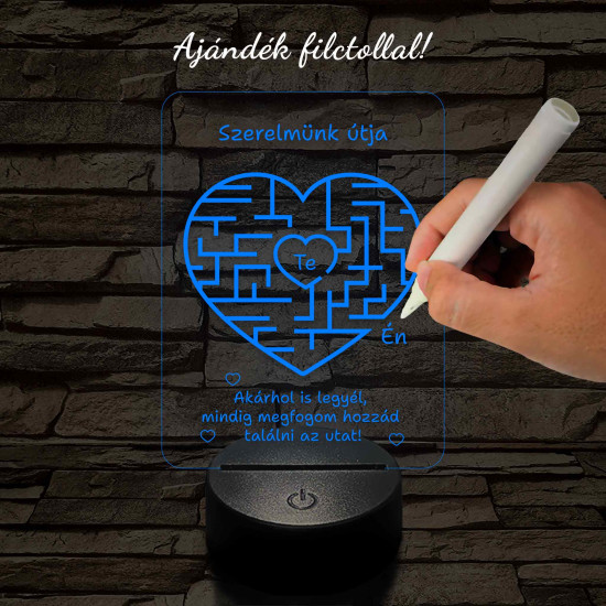 A szerelem labirintusa, szív alakú-szögletes 7 színű 3D led lámpa filccel