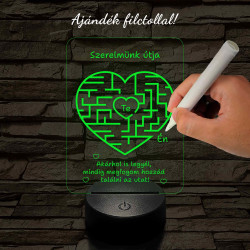 A szerelem labirintusa, szív alakú-szögletes 7 színű 3D led lámpa filccel