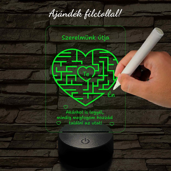 A szerelem labirintusa, szív alakú-szögletes 7 színű 3D led lámpa filccel