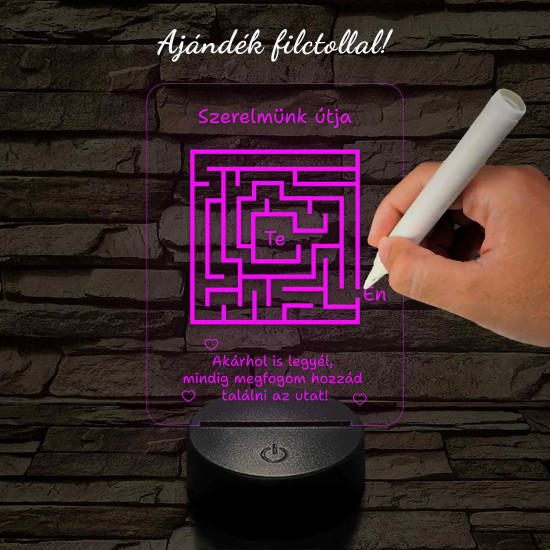 A szerelem labirintusa, kocka alakú-szögletes 7 színű 3D led lámpa filccel