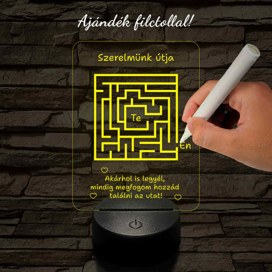 A szerelem labirintusa, kocka alakú-szögletes 7 színű 3D led lámpa filccel