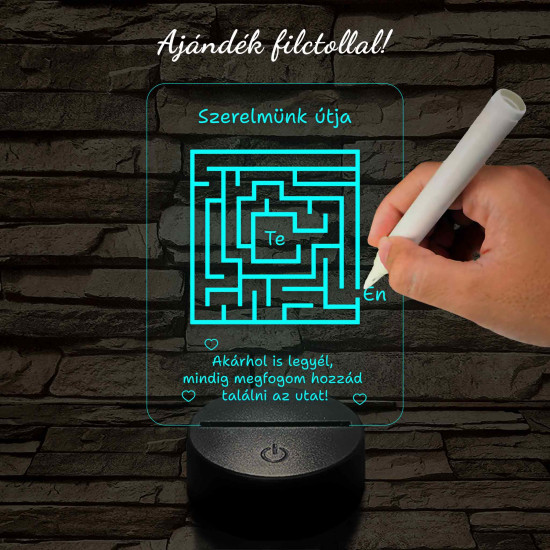 A szerelem labirintusa, kocka alakú-szögletes 7 színű 3D led lámpa filccel