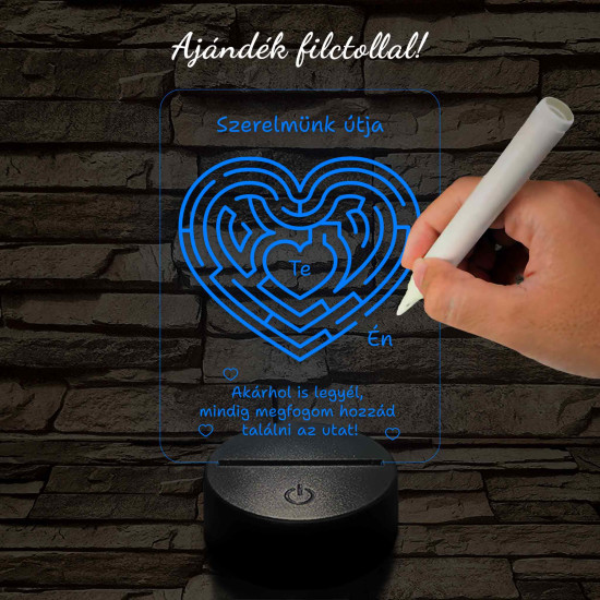 A szerelem labirintusa, szív alakú-görbülő mintás 7 színű 3D led lámpa filccel