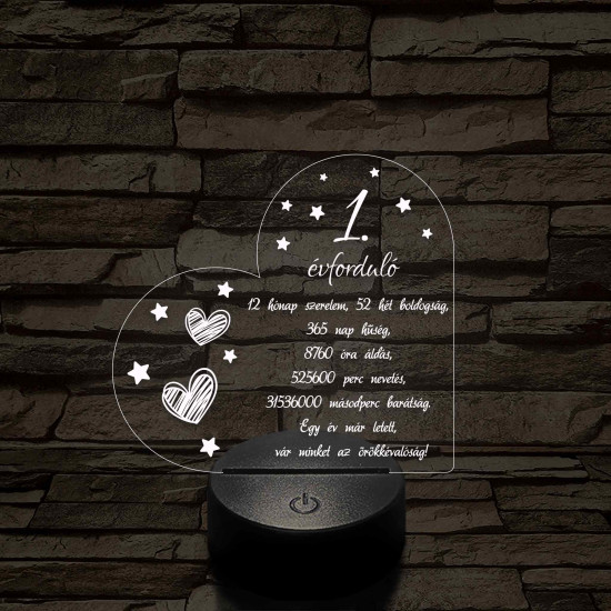 Első évforduló – Idő, szerelem, örökkévalóság – 7 színű, színváltós 3D LED lámpa