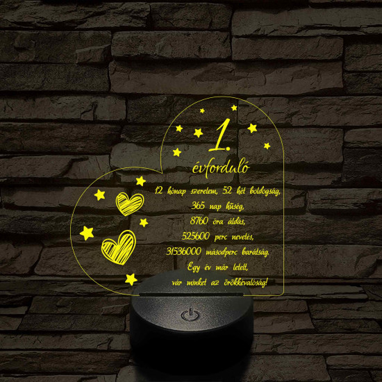 Első évforduló – Idő, szerelem, örökkévalóság – 7 színű, színváltós 3D LED lámpa