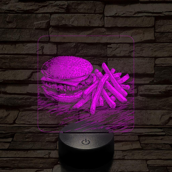 Street food sajtburger és krumpli 7 színű, valósághűen gravírozott 3D led lámpa