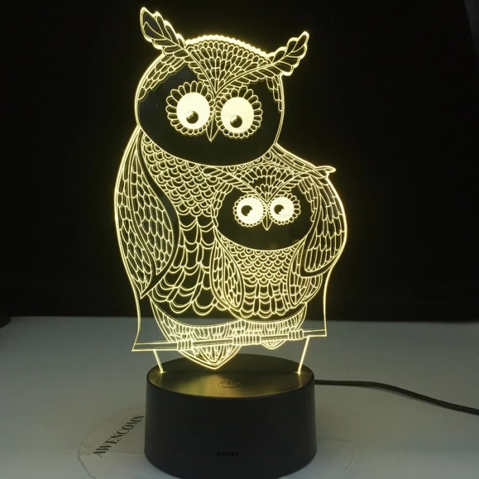 Két  Bagoly 7 szinű 3D led lámpa