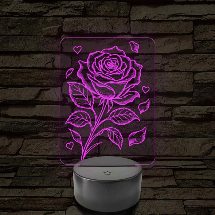 Rózsaszál szivekkel 3D LED Lámpa – 7 színű 3D led lámpa