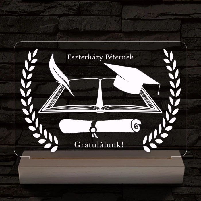 Ballagásra Diplomaosztóra  Szalagavatóra személyre szabott fatalppal 7 színű 3D led lámpa