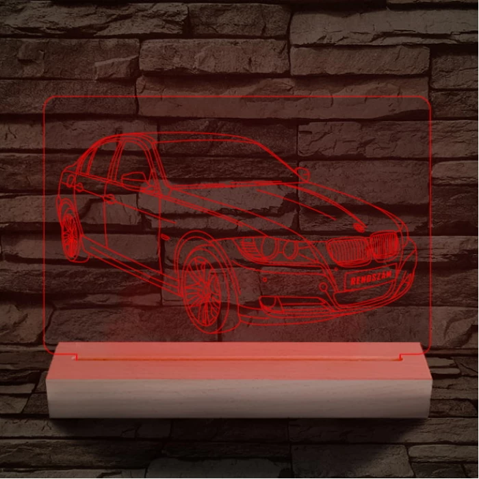 BMW 3 E90 egyedi rendszámmal személyre szabott 20 cm fa talppal 7 színű 3D led lámpa
