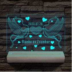 Esküvő galambokkal, házassági évforduló személyre szabott 20 cm fa talppal 7 színű 3D led lámpa