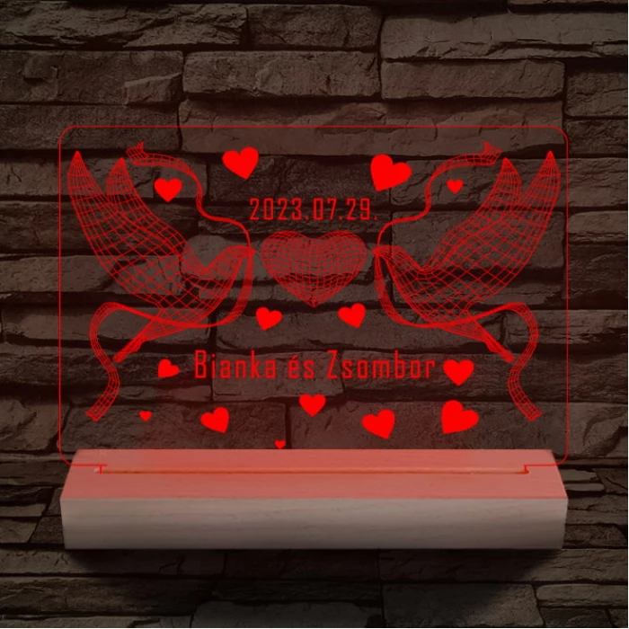 Esküvő galambokkal, házassági évforduló személyre szabott 20 cm fa talppal 7 színű 3D led lámpa