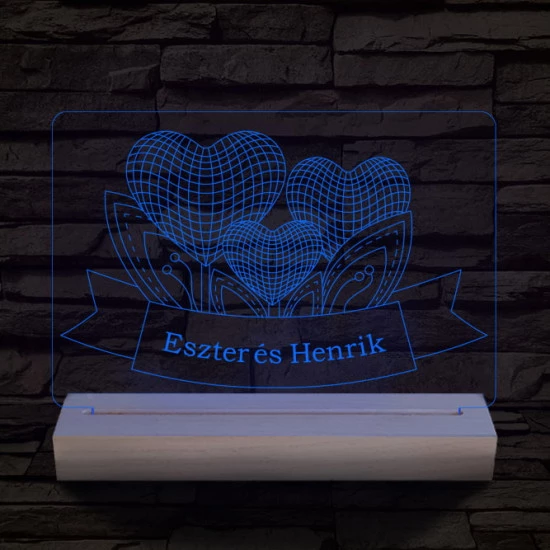Szív szerelem személyre szabott 20 cm fa talppal 7 színű 3D led lámpa