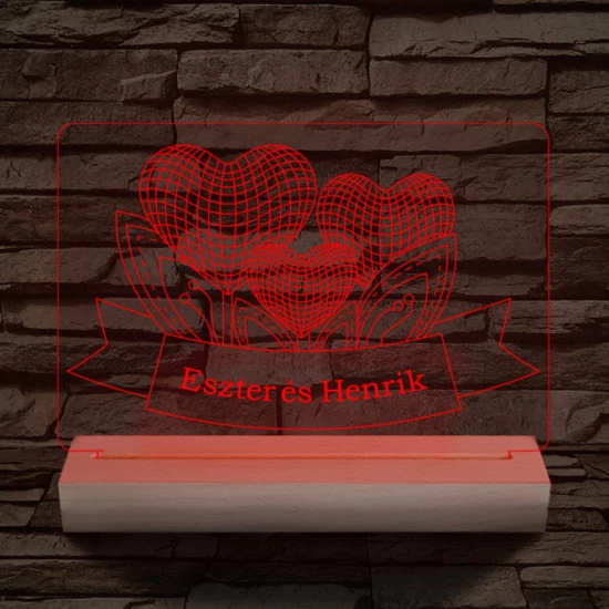 Szív szerelem személyre szabott 20 cm fa talppal 7 színű 3D led lámpa