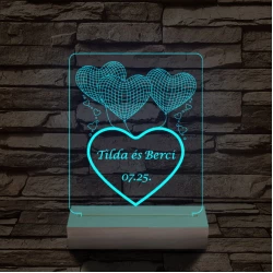 Lufi szívek személyre szabott 20 cm fa talppal 7 színű 3D led lámpa