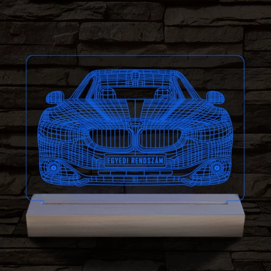 BMW autó egyedi rendszámmal személyre szabott 20 cm fa talppal 7 színű 3D led lámpa