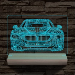 BMW autó egyedi rendszámmal személyre szabott 20 cm fa talppal 7 színű 3D led lámpa