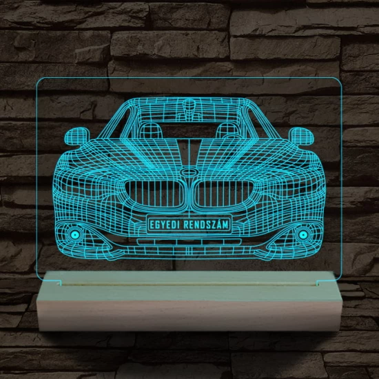BMW autó egyedi rendszámmal személyre szabott 20 cm fa talppal 7 színű 3D led lámpa