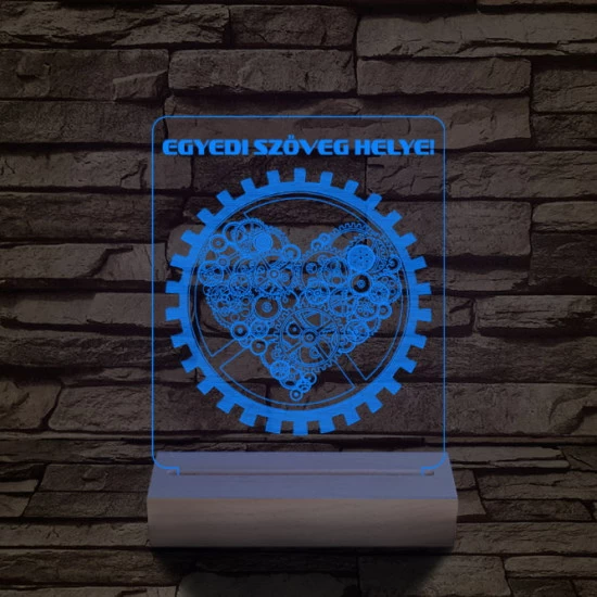 Szív fogaskerék személyre szabott 20 cm fa talppal 7 színű 3D led lámpa