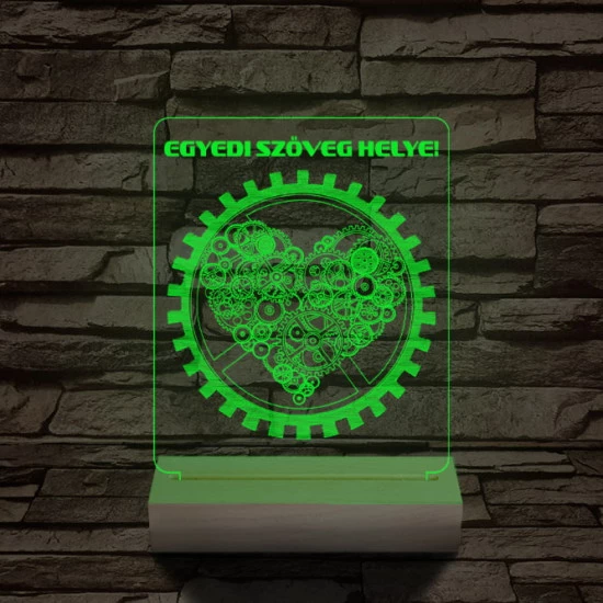 Szív fogaskerék személyre szabott 20 cm fa talppal 7 színű 3D led lámpa