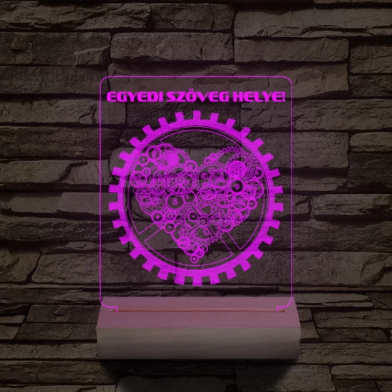 Szív fogaskerék személyre szabott 20 cm fa talppal 7 színű 3D led lámpa
