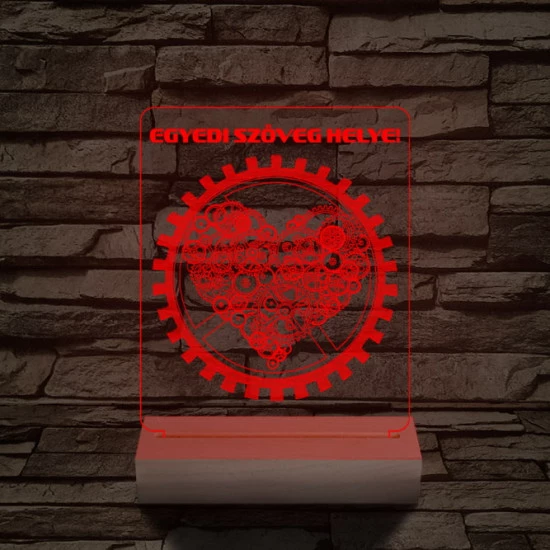 Szív fogaskerék személyre szabott 20 cm fa talppal 7 színű 3D led lámpa