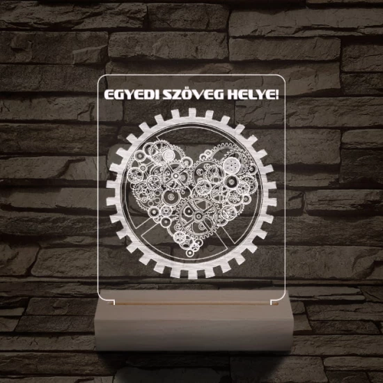 Szív fogaskerék személyre szabott 20 cm fa talppal 7 színű 3D led lámpa