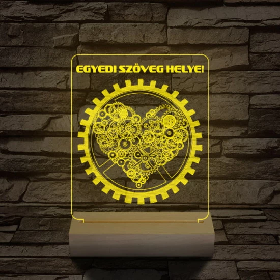 Szív fogaskerék személyre szabott 20 cm fa talppal 7 színű 3D led lámpa