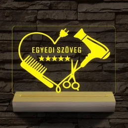 Fodrász szív személyre szabott 20 cm fa talppal 7 színű 3D led lámpa