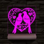 Esküvő galambpár személyre szabott fatalppal 7 színű 3D led lámpa