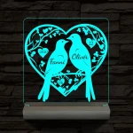 Esküvő galambpár személyre szabott fatalppal 7 színű 3D led lámpa