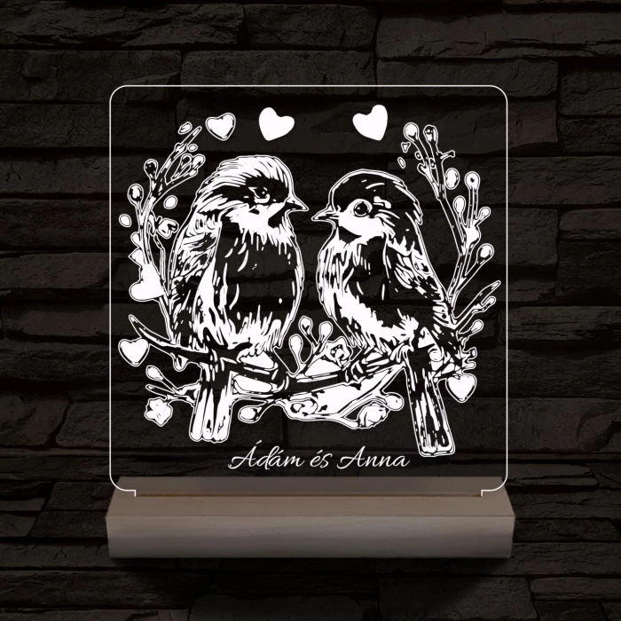 Esküvő szív galambpár személyre szabott 20 cm fa talppal 7 színű 3D led lámpa