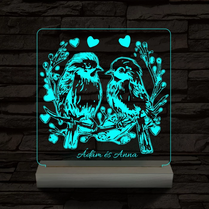 Esküvő szív galambpár személyre szabott 20 cm fa talppal 7 színű 3D led lámpa
