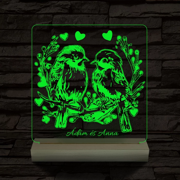 Esküvő szív galambpár személyre szabott 20 cm fa talppal 7 színű 3D led lámpa