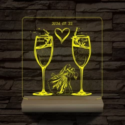 Pezsgő Esküvő személyre szabott fatalppal 7 színű 3D led lámpa