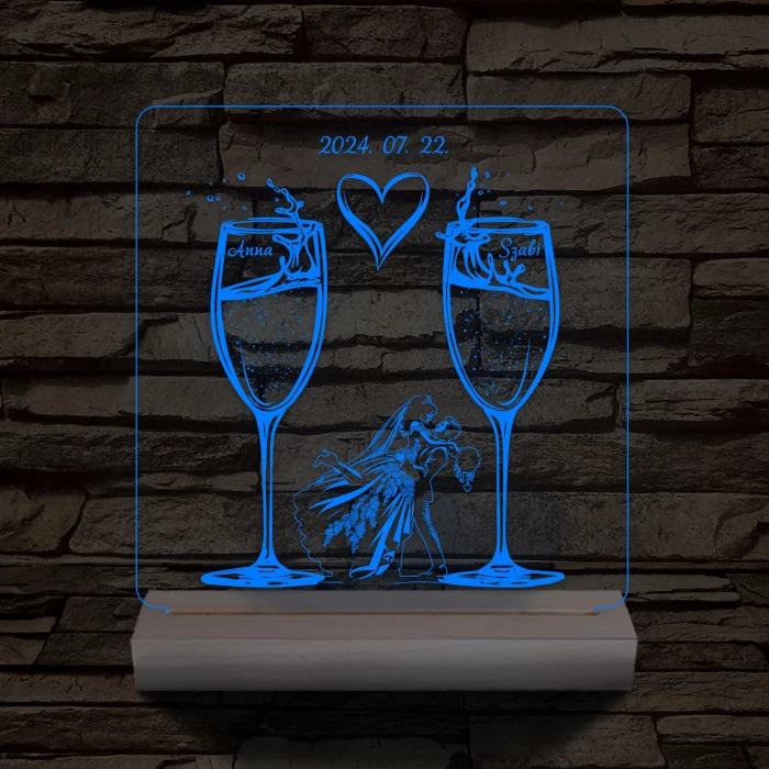 Pezsgő Esküvő személyre szabott fatalppal 7 színű 3D led lámpa