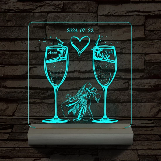 Pezsgő Esküvő személyre szabott fatalppal 7 színű 3D led lámpa
