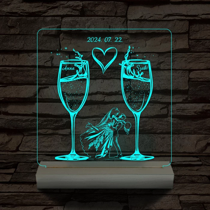 Pezsgő Esküvő személyre szabott fatalppal 7 színű 3D led lámpa
