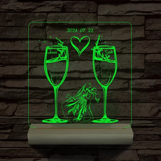 Pezsgő Esküvő személyre szabott fatalppal 7 színű 3D led lámpa