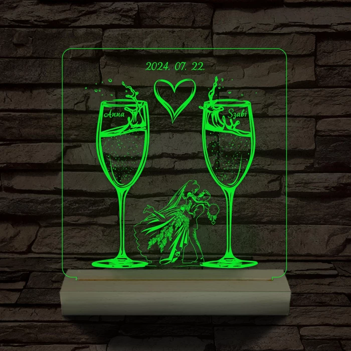 Pezsgő Esküvő személyre szabott fatalppal 7 színű 3D led lámpa