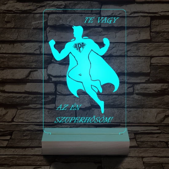 Apa a szuperhős személyre szabott 20 cm fa talppal 7 színű 3D led lámpa