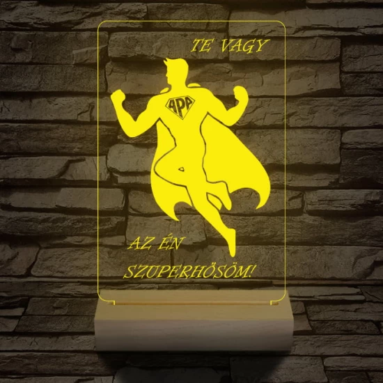 Apa a szuperhős személyre szabott 20 cm fa talppal 7 színű 3D led lámpa