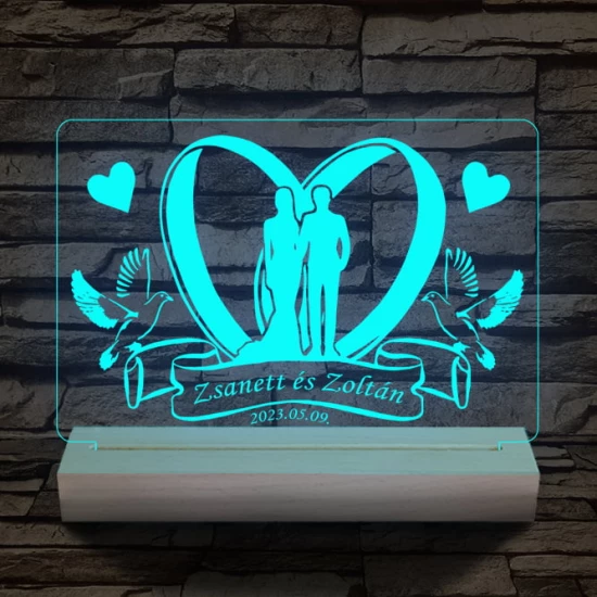Esküvő személyre szabott fatalppal 7 színű 3D led lámpa