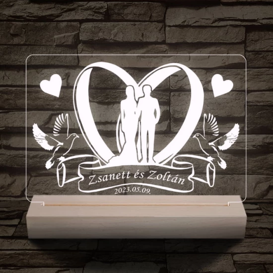 Esküvő személyre szabott fatalppal 7 színű 3D led lámpa