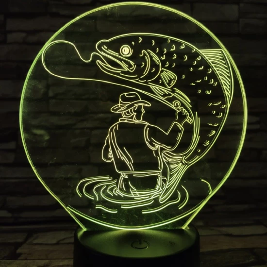 Horgász a kifogott hallal 7 színű 3D led lámpa