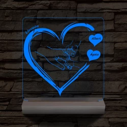 Apák napjára ujj-fogós szívben személyre szabott fa talppal 7 színű 3D led lámpa