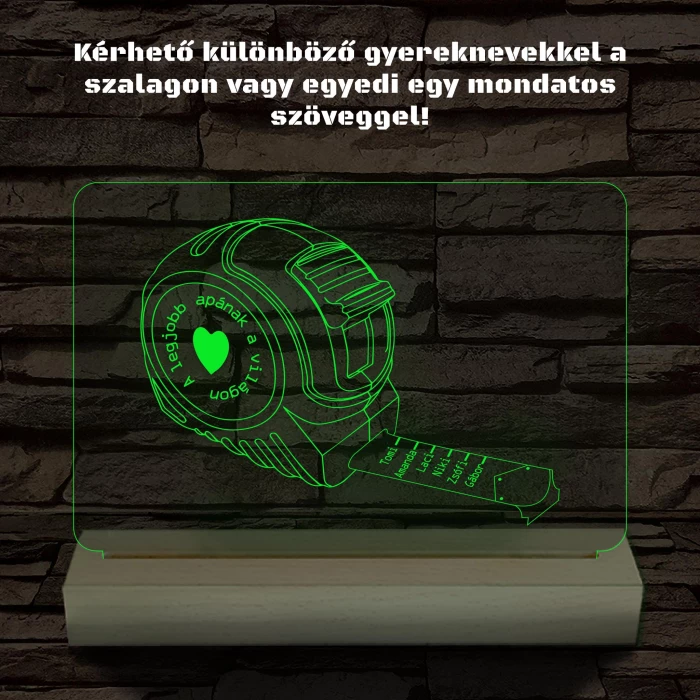 Apák napi mérőszalag gyerek nevekkel személyre szabott fa talppal 7 színű 3D led lámpa