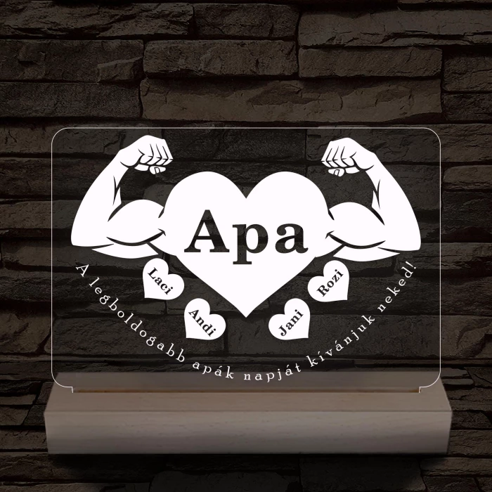 Apa szíverő személyre szabott fa talppal 7 színű 3D led lámpa