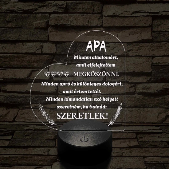 Szív Alakú 3D LED Lámpa – Megható Üzenettel Apáknak 7 színű 3D led lámpa