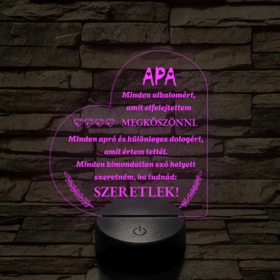 Szív Alakú 3D LED Lámpa – Megható Üzenettel Apáknak 7 színű 3D led lámpa